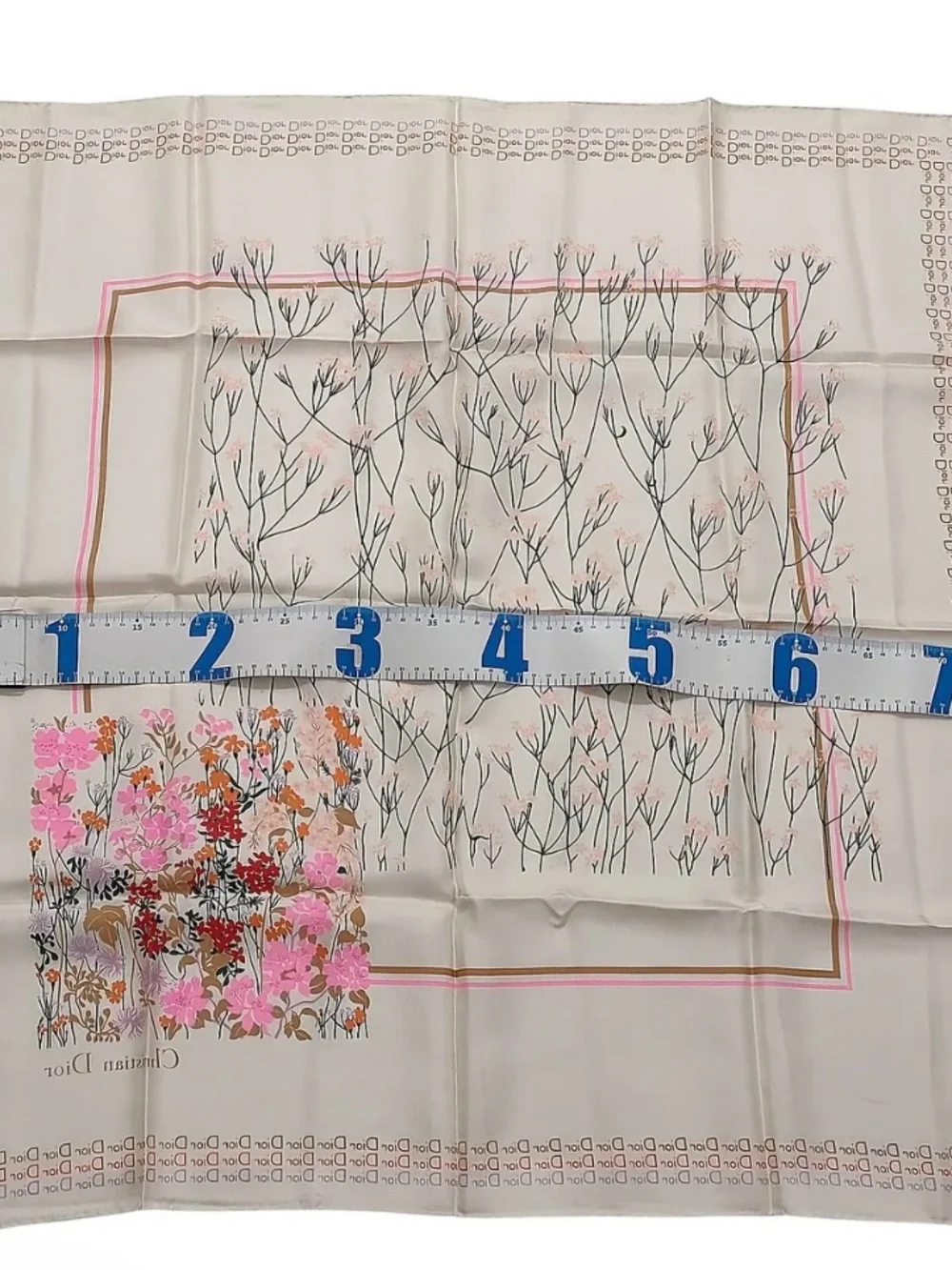 Dior Cream Floral Silk Scarf with Pink and Orange Accents